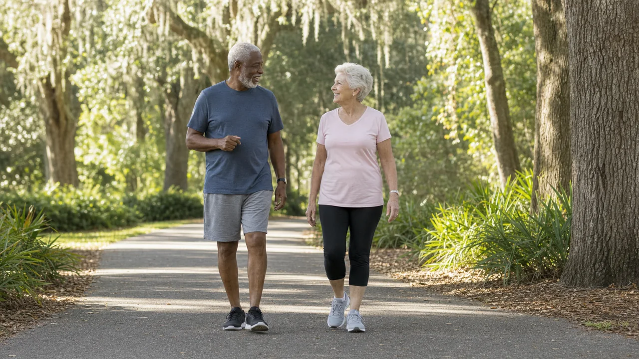 Two older friends walking on a shaded Florida path